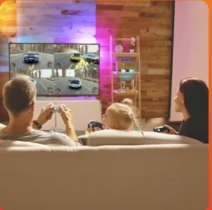 Hotel lounge with gaming setup